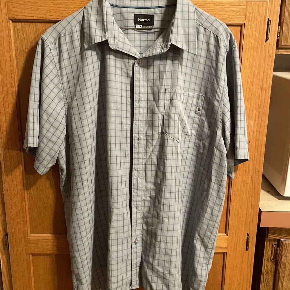 Marmot Shirt Mens Short Sleeve Button Front Pocket Outdoors Casual Blue Xl